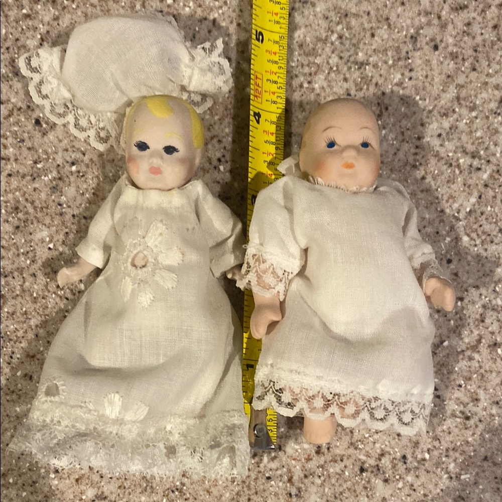 Set of Two Collectible All Bisque Jointed Dolls in White Lace Dresses, 4”
